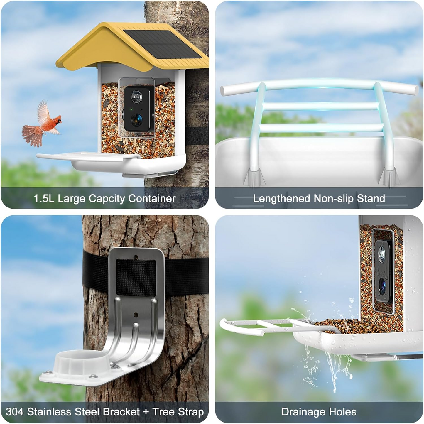 Smart Bird Feeder Camera, Free AI Forever, 1080P HD Camera Auto Capture Bird Videos & 2 Pcs Solar Panel, App Notify When Birds Detected, 32G High-Speed TF Card