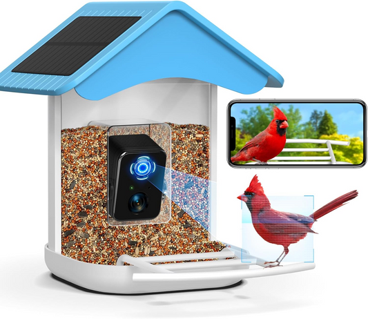 Smart Bird Feeder Camera, Free AI Forever, 1080P HD Camera Auto Capture Bird Videos & 2 Pcs Solar Panel, App Notify When Birds Detected, 32G High-Speed TF Card