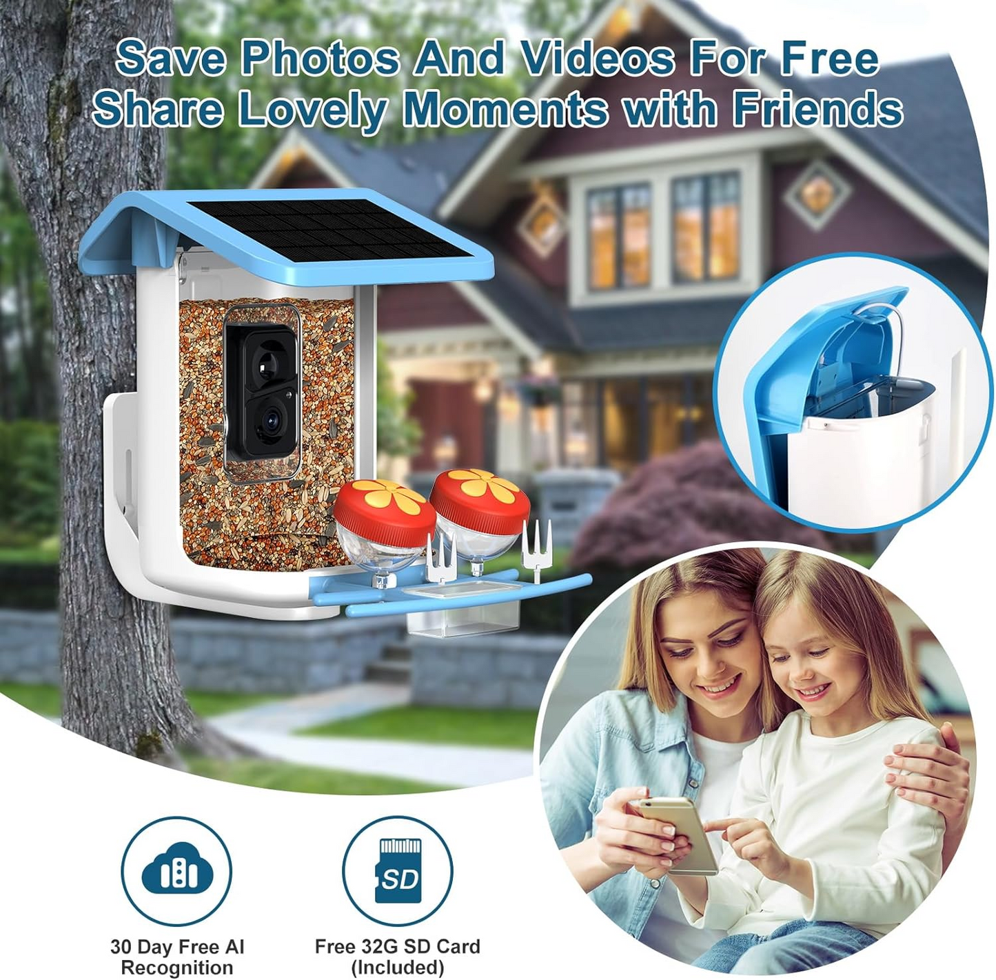 Smart Bird Feeder with Camera, AI Identify 11000+ Bird Species, Bird Watching Camera, Auto Capture Bird Videos & APP Instant Notifications, Bird House with Built-in Two-Way Microphone