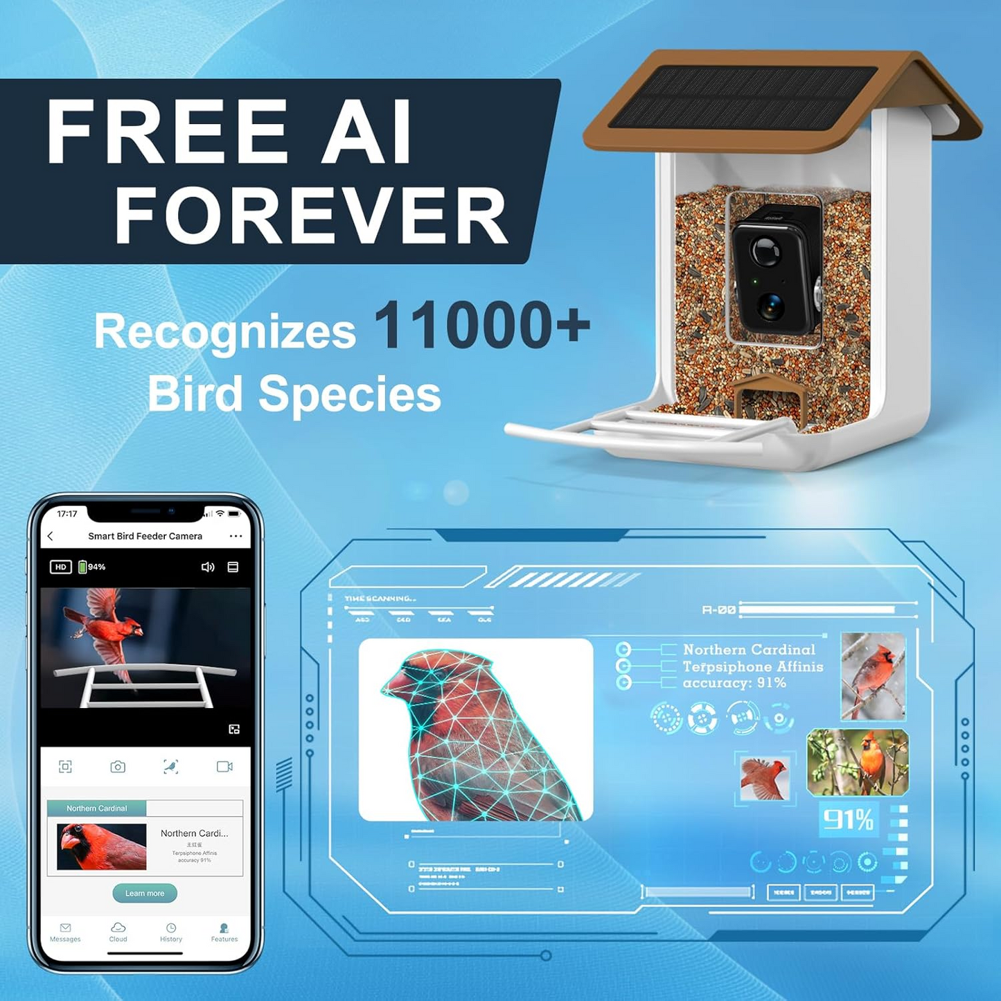 Smart Bird Feeder Camera With Camera, Free AI Forever (Brown)